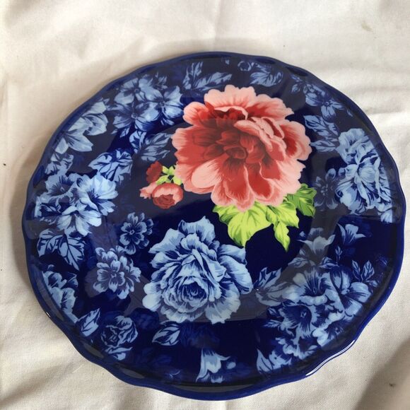 Pioneer Woman Heritage Floral Luncheon Plate 8.5" Blue w/ Red Rose - Picture 1 of 5